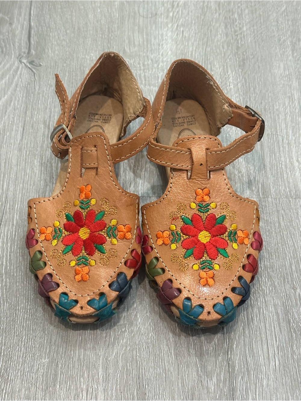Tan Leather Kids Sandals with Multicolor Floral Embroidery Girls Youth Size 1